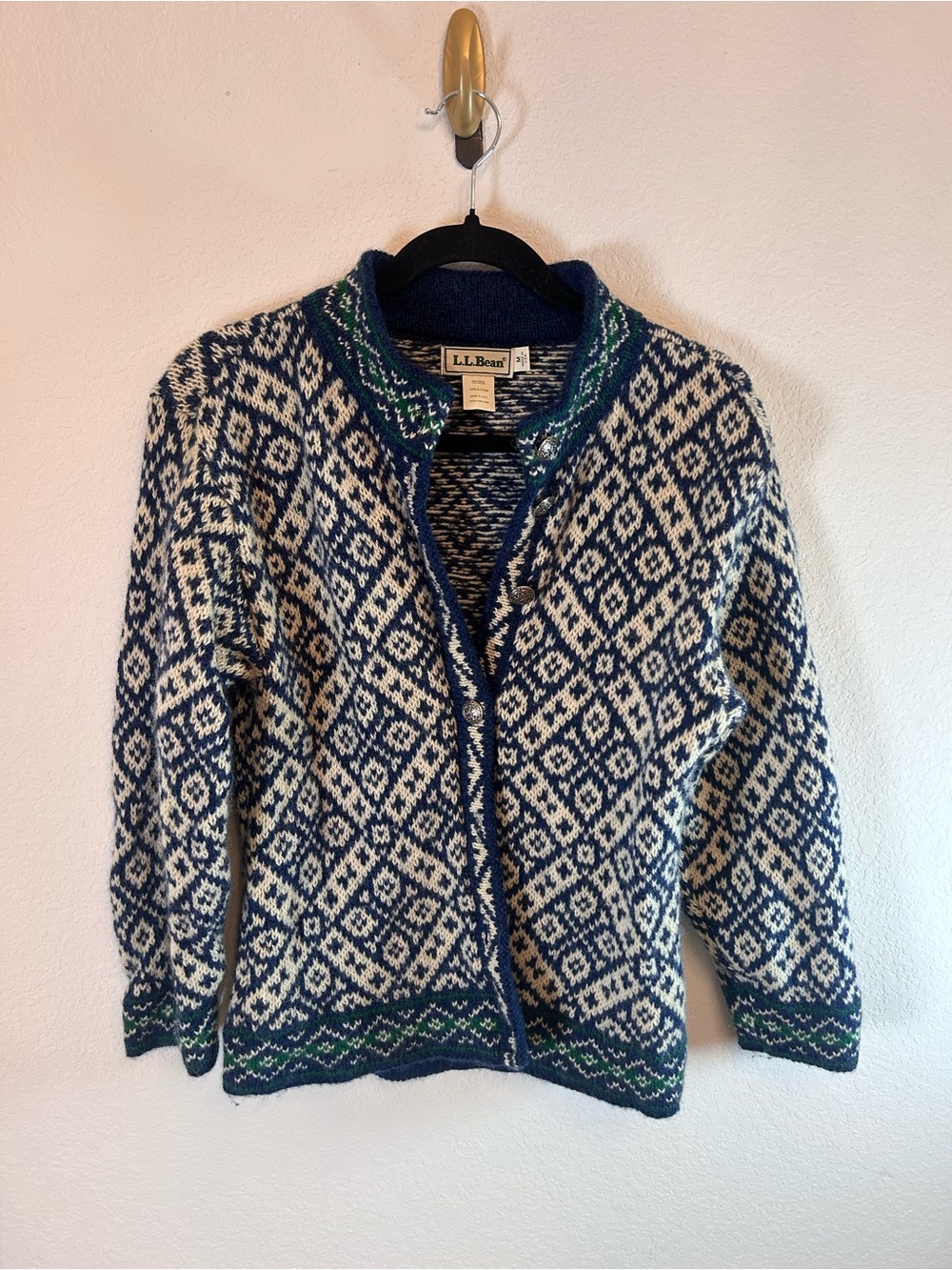 VTG L.L. Bean Nordic Fair Isle Wool/Nylon Cardigan Metal buttons girls M cozy